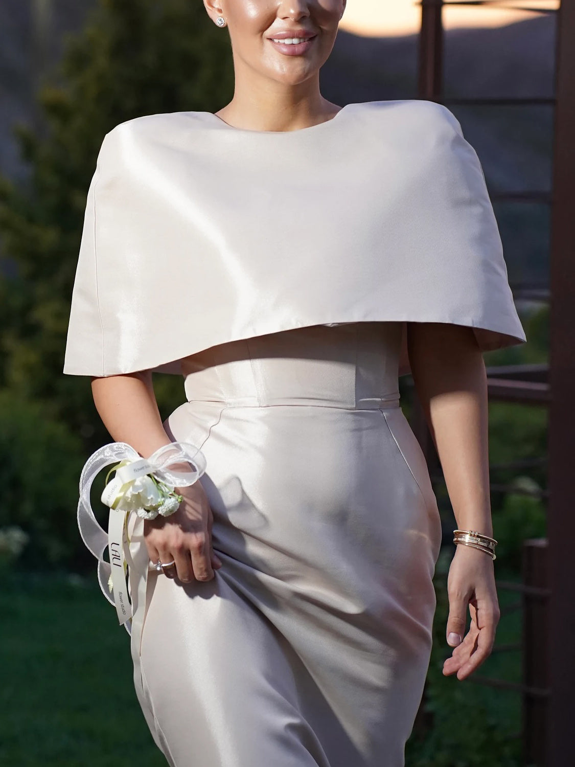 Elegant Satin Cape-Style Top & Fitted Maxi Dress Set Feminé Luxé