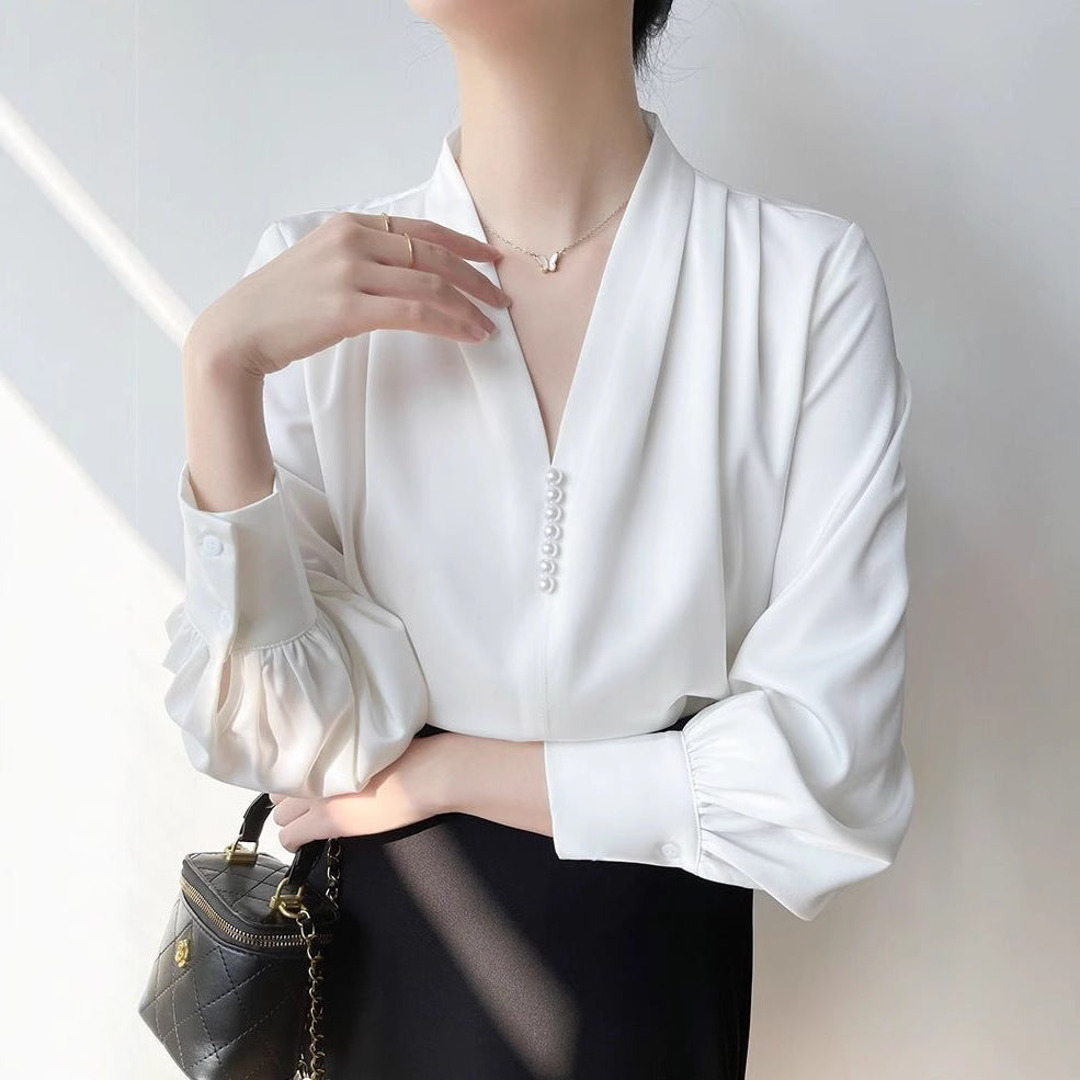 Elegant V-Neck Draped Chiffon Blouse - Chic & Sophisticated Feminé Luxé
