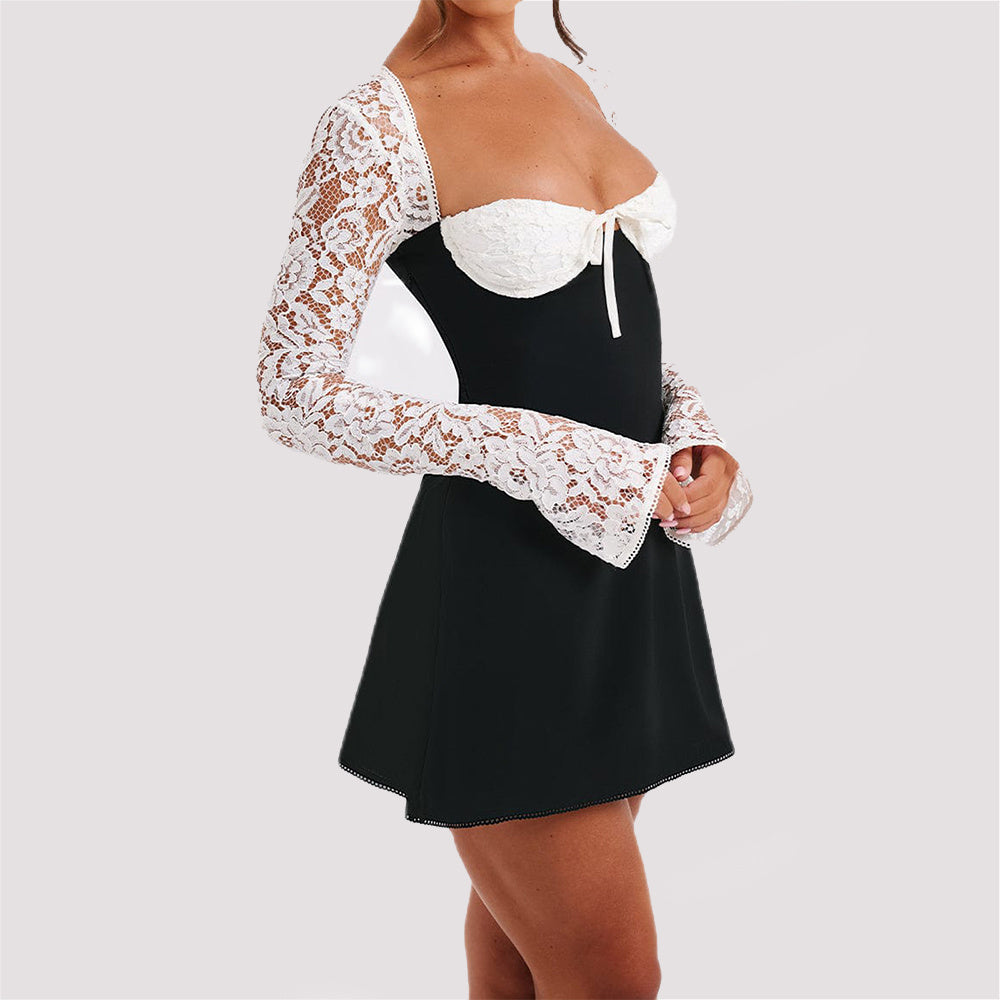 Y2K Lace Sleeve Corset Mini Dress - Square Neck Backless Tie-Up Dress Feminé Luxé