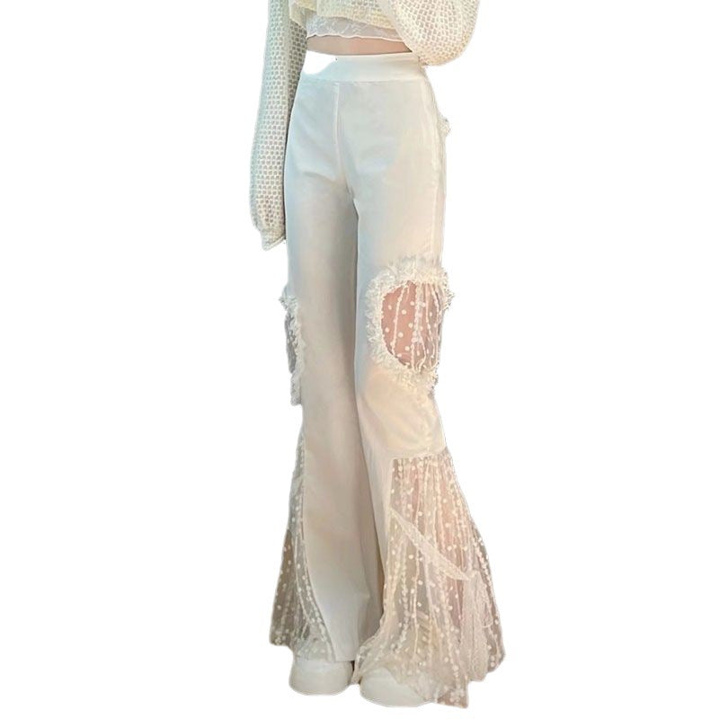 Feminé Luxé Exclusive Elegant High-Waist Lace-Panel Micro Flare Trousers Feminé Luxé