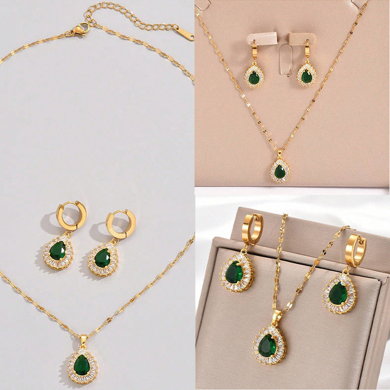 Vintage Emerald Green Pear Drop Necklace & Halo Earrings Set (Retro Hong Kong Style) Feminé Luxé