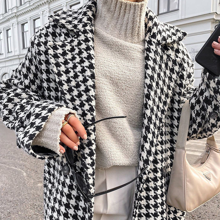 The Grande Dame Coat: Maxi Houndstooth Wool Blend Trench Feminé Luxé