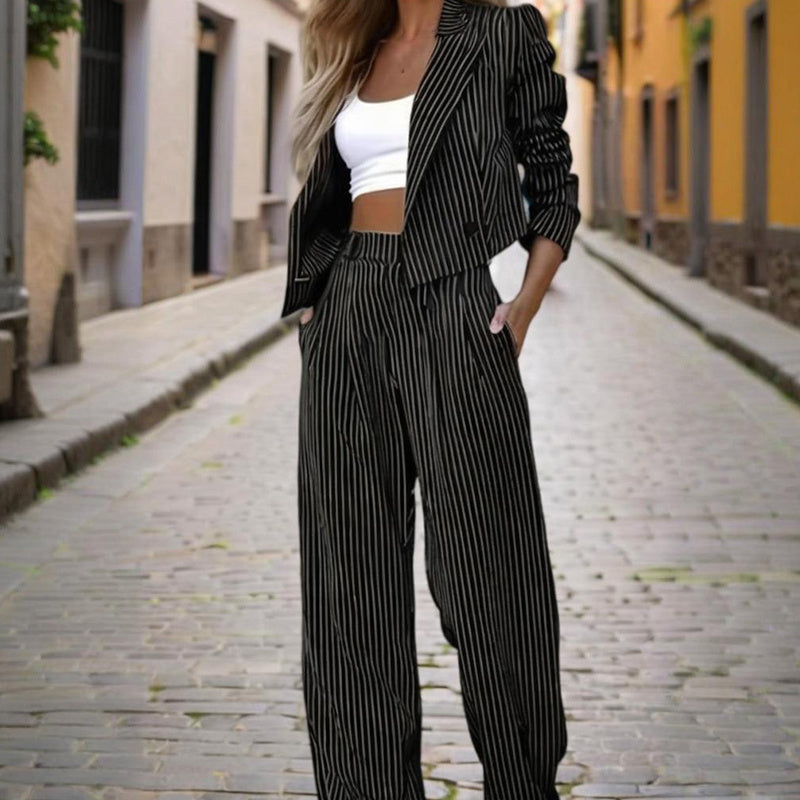 Striped Crop Blazer, Pleated Pant & Cropped Top 3-Piece Set | Feminé Modern Workwear Feminé Luxé