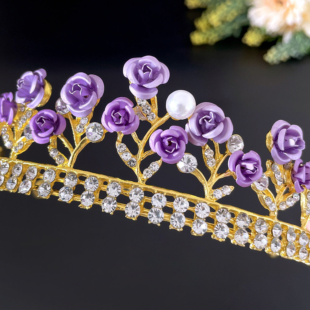 The Royal Majesté Tiara: Regal Violet Rose & White Crystal Crown - Gold Plated Diadem for Bridal & Pageantry Feminé Luxé