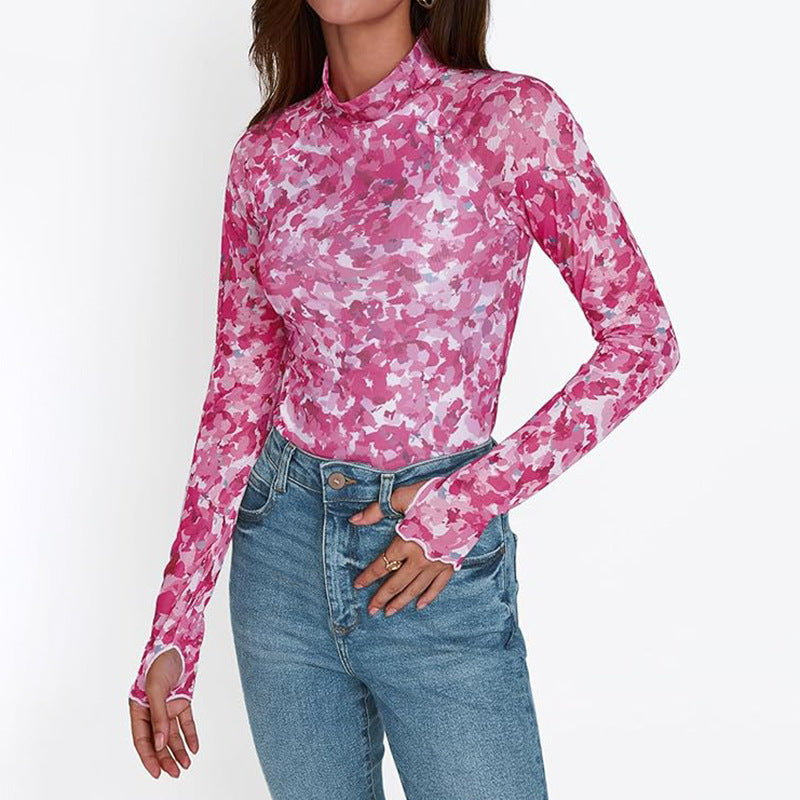 Floral Mesh Illusion Top – Chic Mock Neck Long Sleeve Blouse Feminé Luxé