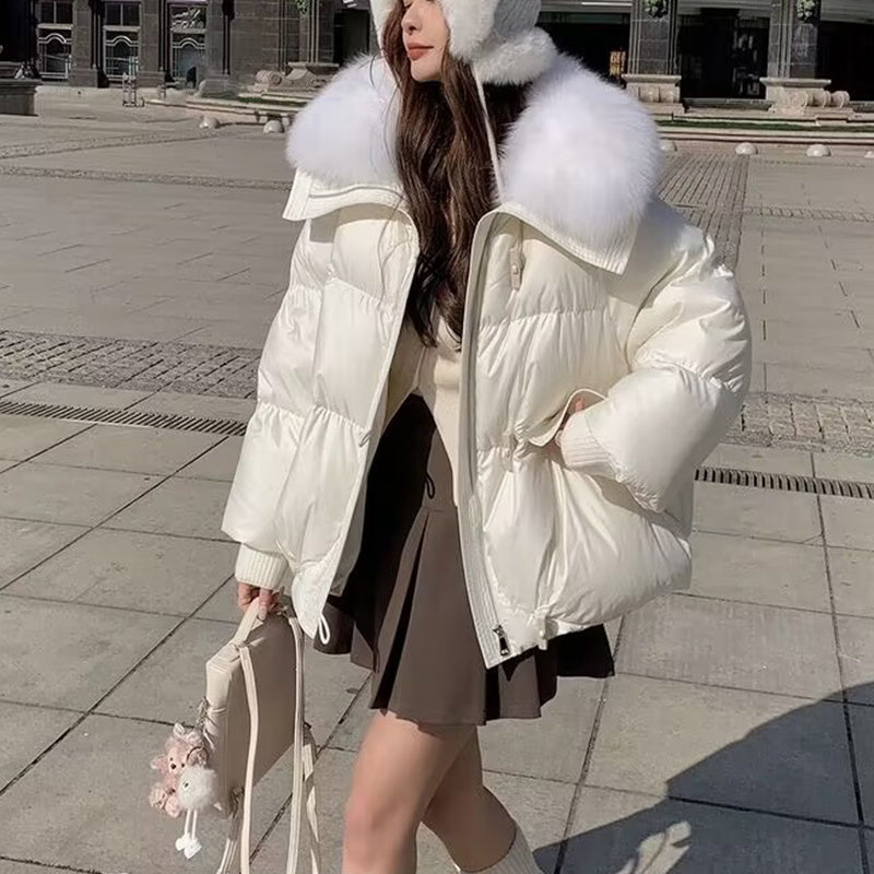 Chic Down Cotton-Padded Short Winter Coat with Faux Fur Collar Feminé Luxé
