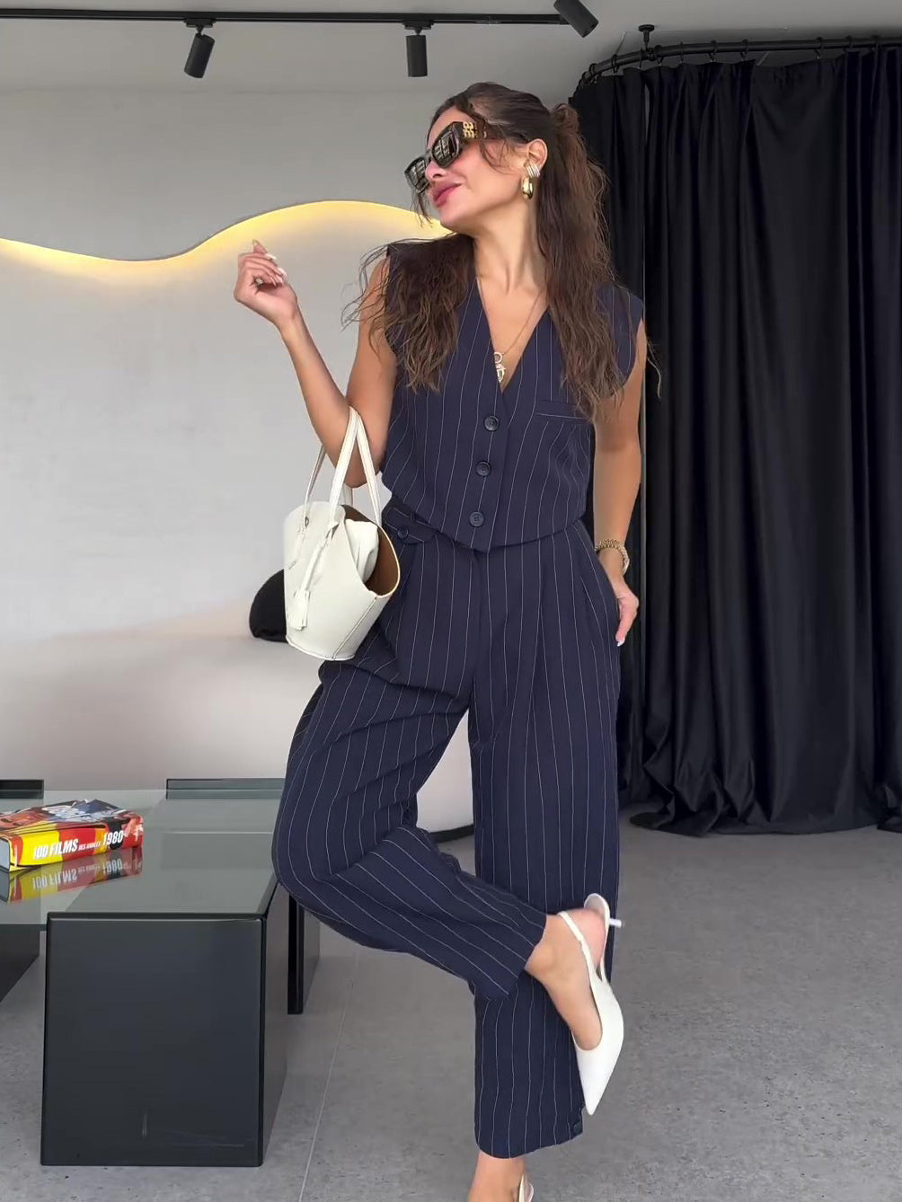 Striped 3-Piece Set: Cropped Blazer, Vest & High-Waisted Pant Feminé Luxé