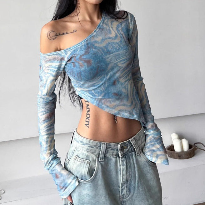 Retro Oblique-Shoulder Mesh Top – Jazz Print Long Sleeve Statement Feminé Luxé