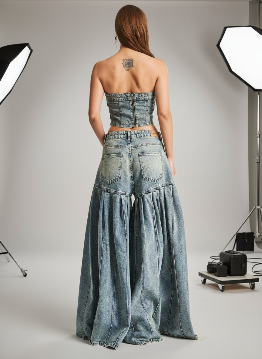 Chic Denim Co-ord Set: Strapless Corset Crop Top & High-Waisted Pleated Wide-Leg Pants Feminé Luxé