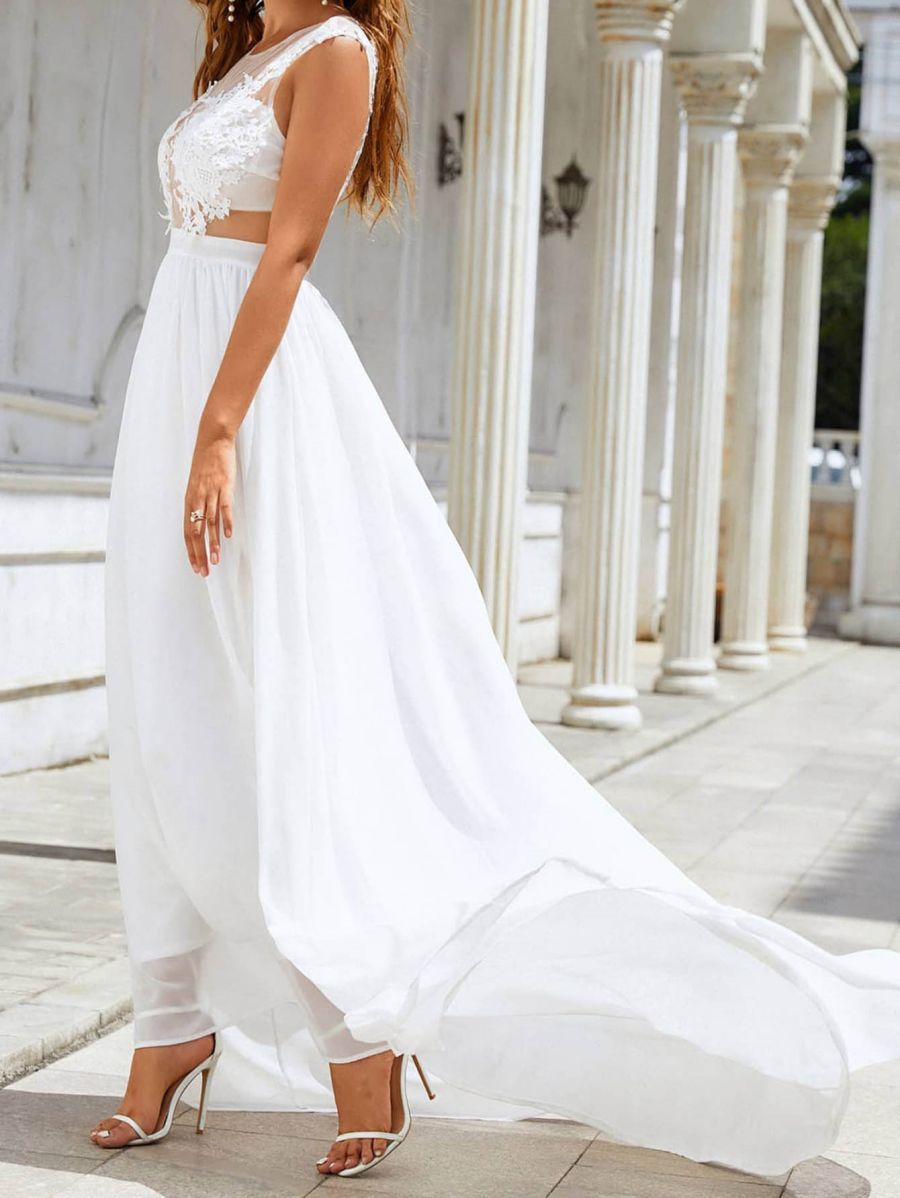 Bohemian Chiffon & Lace High-Slit Gown - Modern Destination Wedding Dress Feminé Luxé