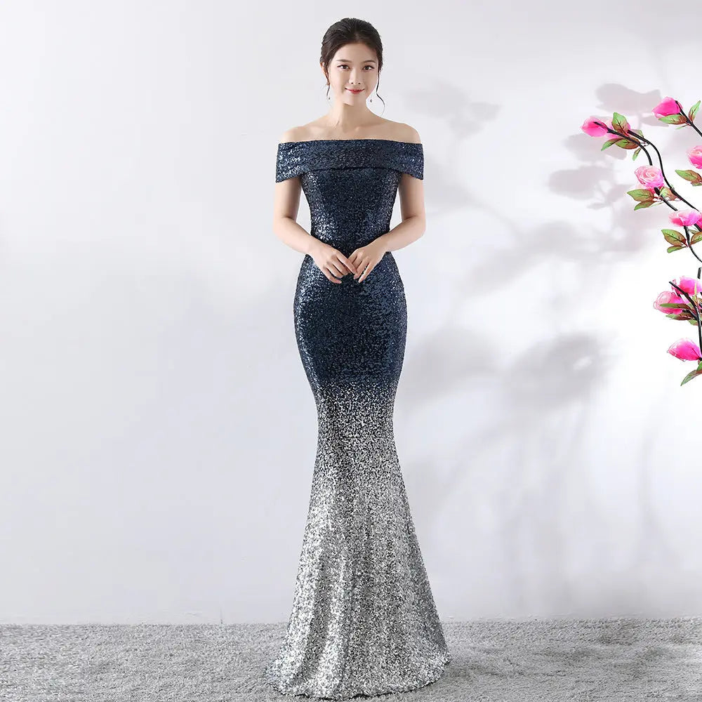 Luxury Gradient Sequin Mermaid Evening Dress – Off-Shoulder Slim Fit Feminé Luxé
