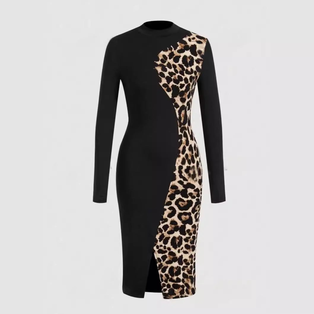 Chic Leopard Splicing Bodycon Midi Dress - Long Sleeve Slim-Fit Semi-Formal Evening Dress Feminé Luxé