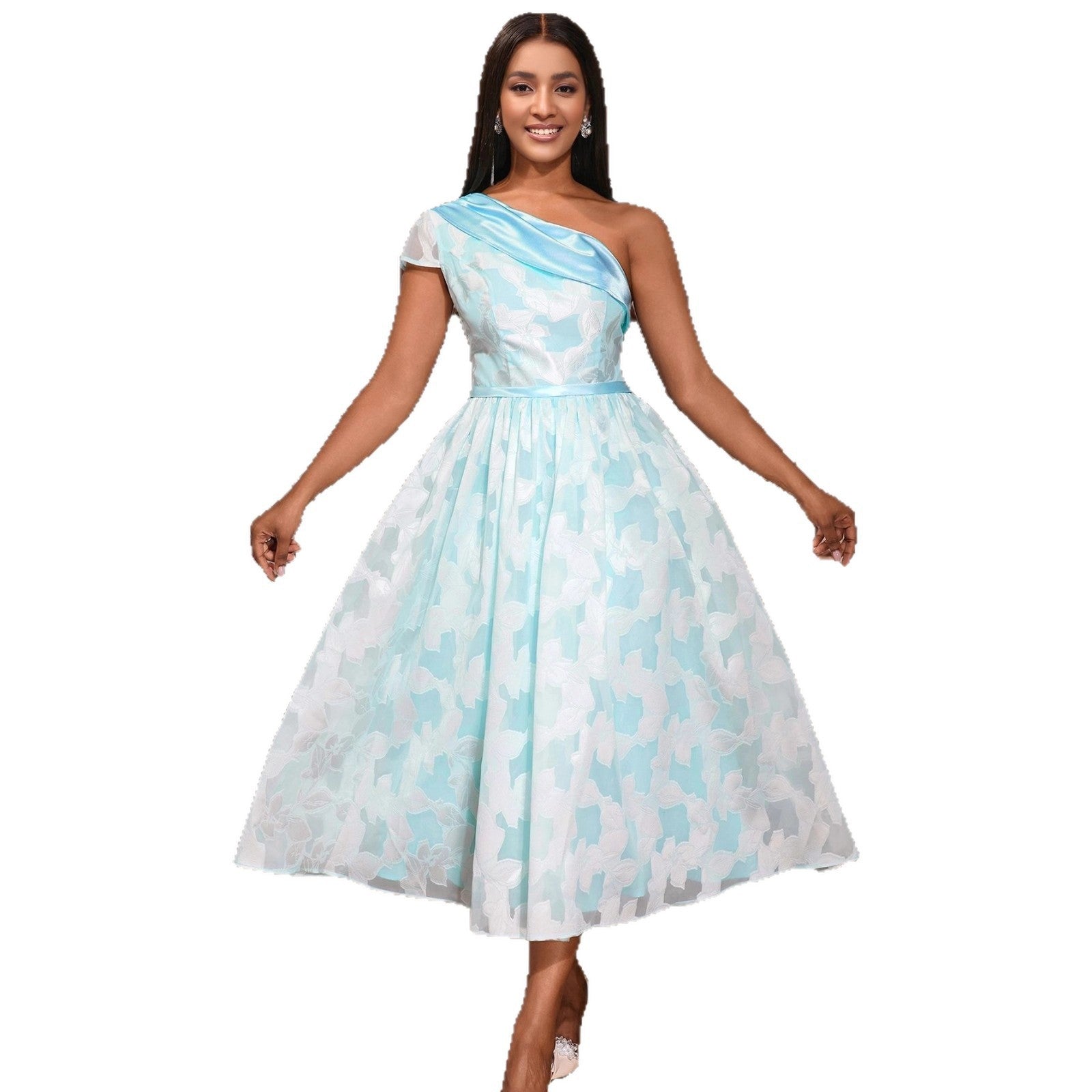 One-Shoulder Jacquard Contrast Evening Dress – Elegant Midi Banquet Gown Feminé Luxé