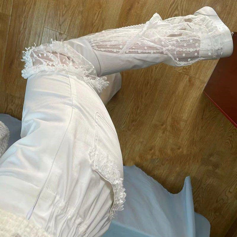 Feminé Luxé Exclusive Elegant High-Waist Lace-Panel Micro Flare Trousers Feminé Luxé