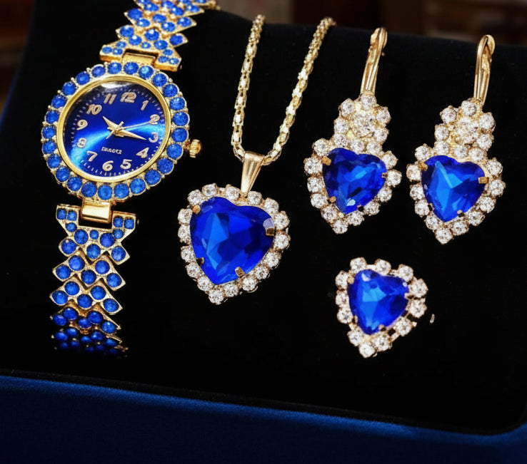 Luxurious 4-Piece Love Heart Crystal Watch & Jewelry Set (Red/Green/Blue) Feminé Luxé