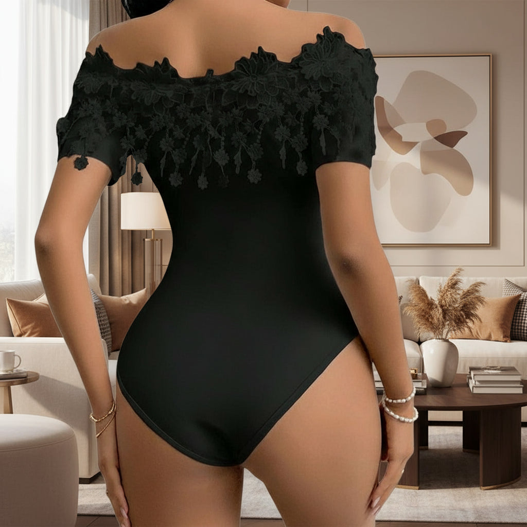Romantic Off-Shoulder Lace Trim Bodycon Bodysuit Feminé Luxé