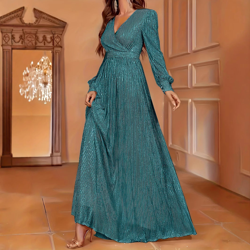 Elegant Sequined Long Sleeve V-Neck Evening Gown Feminé Luxé
