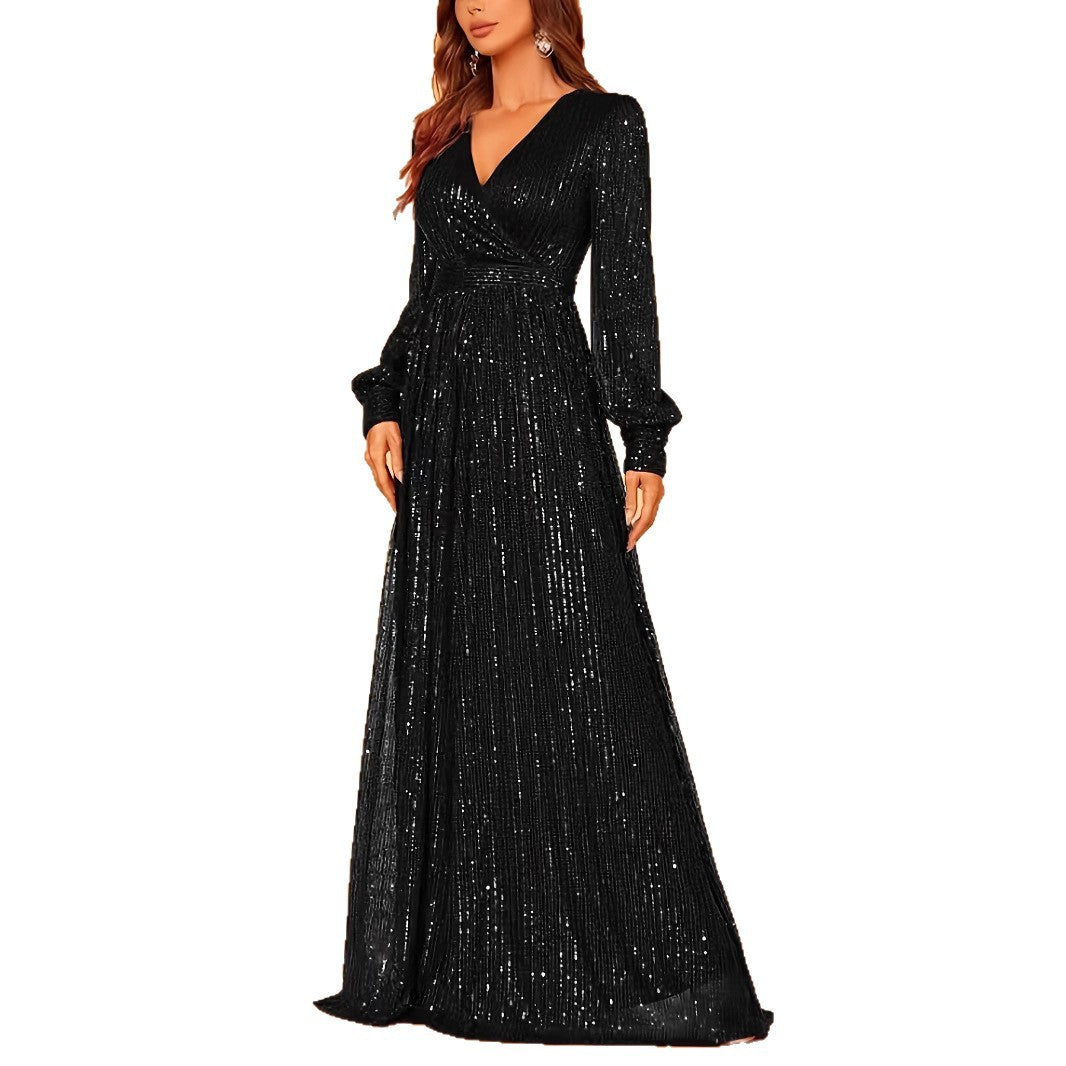 Elegant Sequined Long Sleeve V-Neck Evening Gown Feminé Luxé