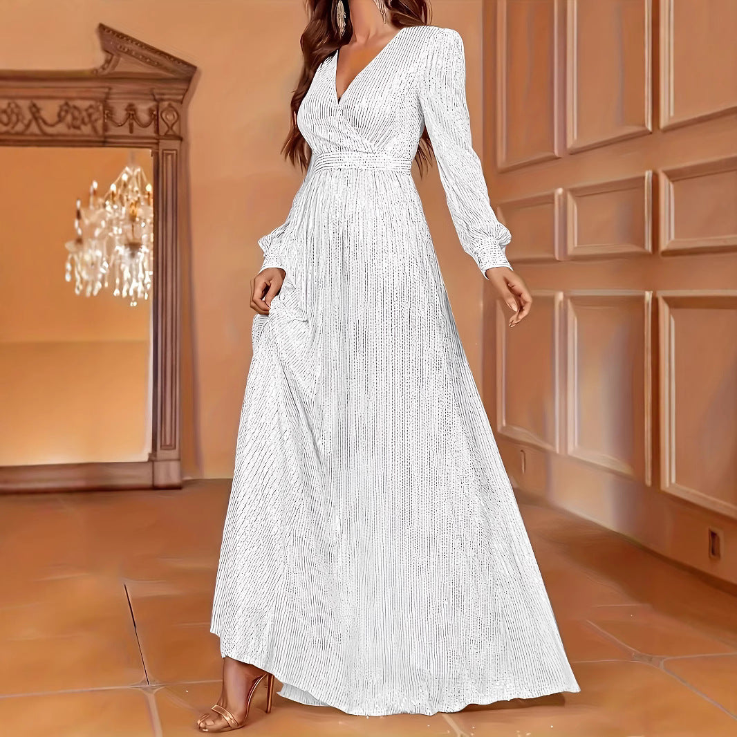 Elegant Sequined Long Sleeve V-Neck Evening Gown Feminé Luxé
