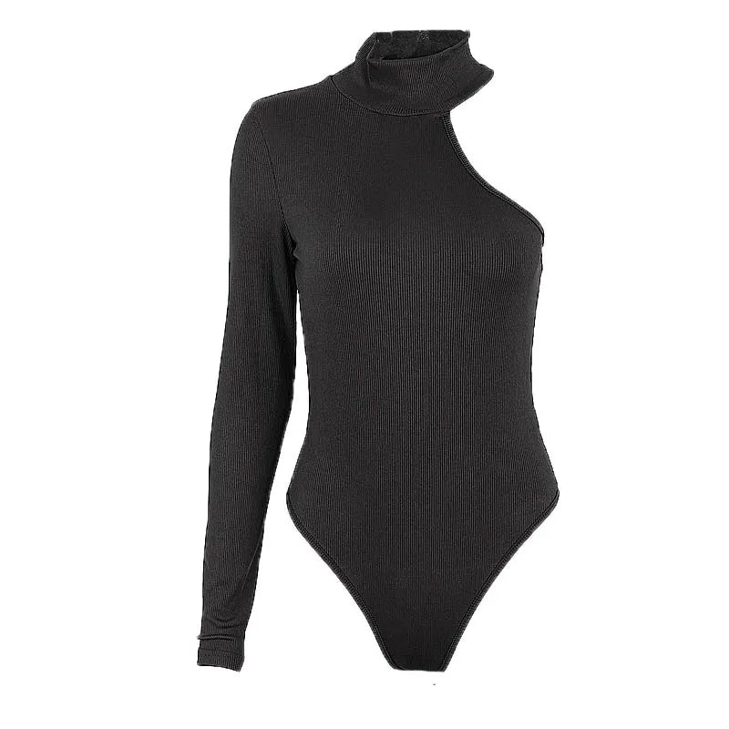 🌫️ Nuit Élégante | Asymmetric Shoulder, Slim Fit, Long Sleeve Bodysuit 💎