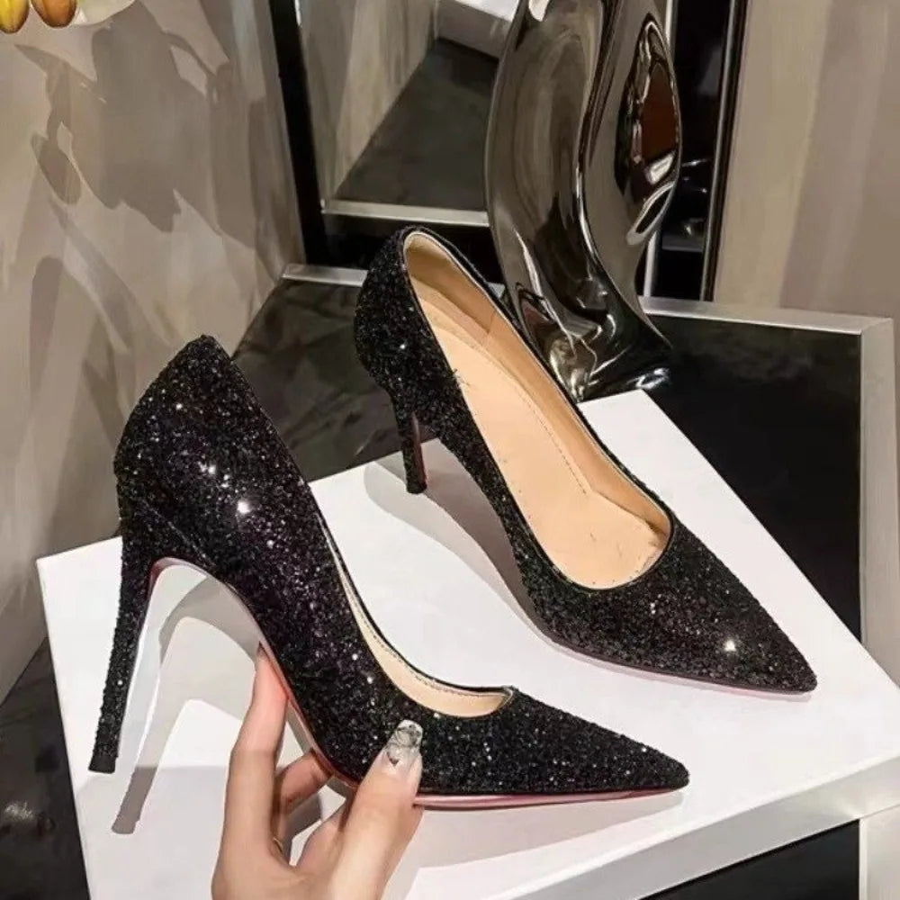 🖤 Feminé Noir – Glossy Black Pointed Stiletto Heels 👠✨