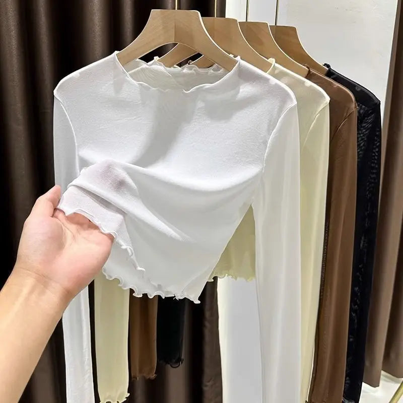🌫️ Voile Lumi | Sheer Lace-Texture Long Sleeve Slim Crop Top 💎