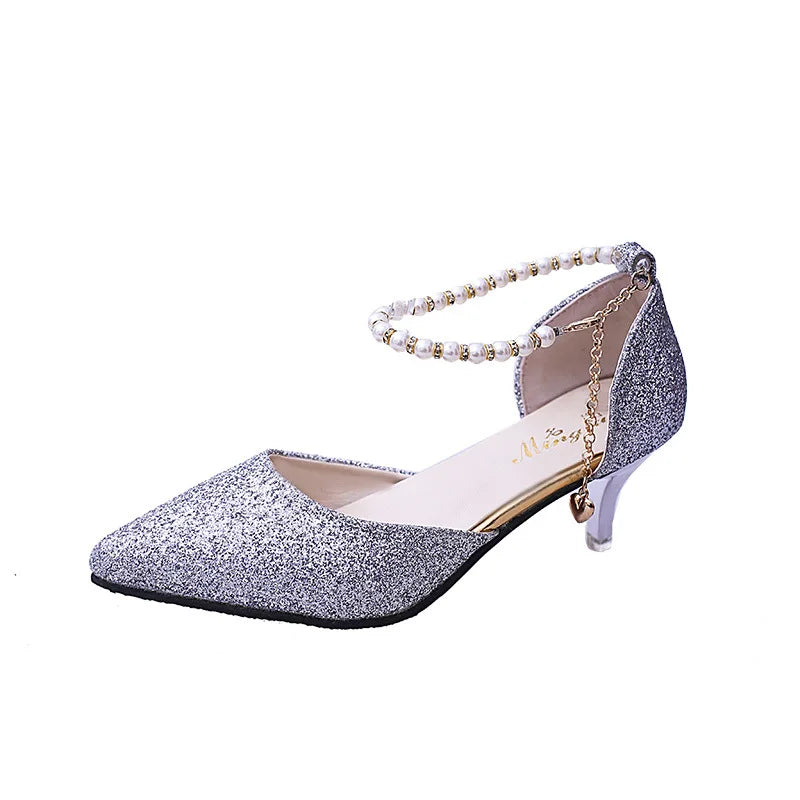 💛 Golden Glam – Pearl-Embellished Gold Glitter Heels ✨👠