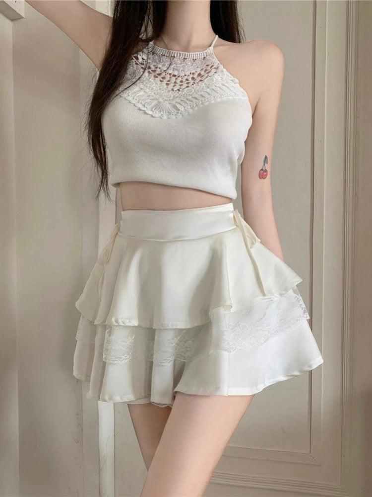 🤍 Étoile Blanche™ – Lace High-Waist Romantic Mini Skirt