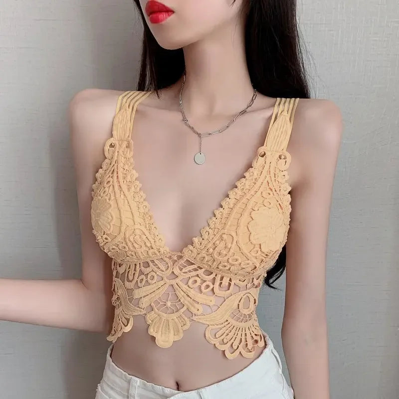 🌙 Black Lace Deep V Strap Mini Crop Top 🎊