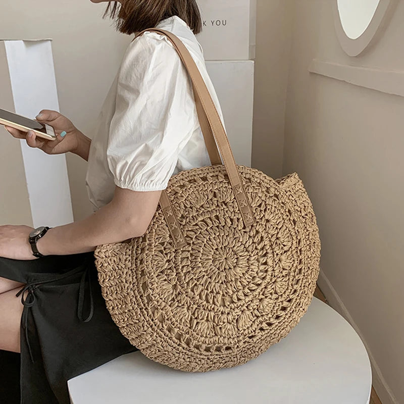 🌸 Fleur de Soleil – Round Woven Straw Shoulder & Tote Bag