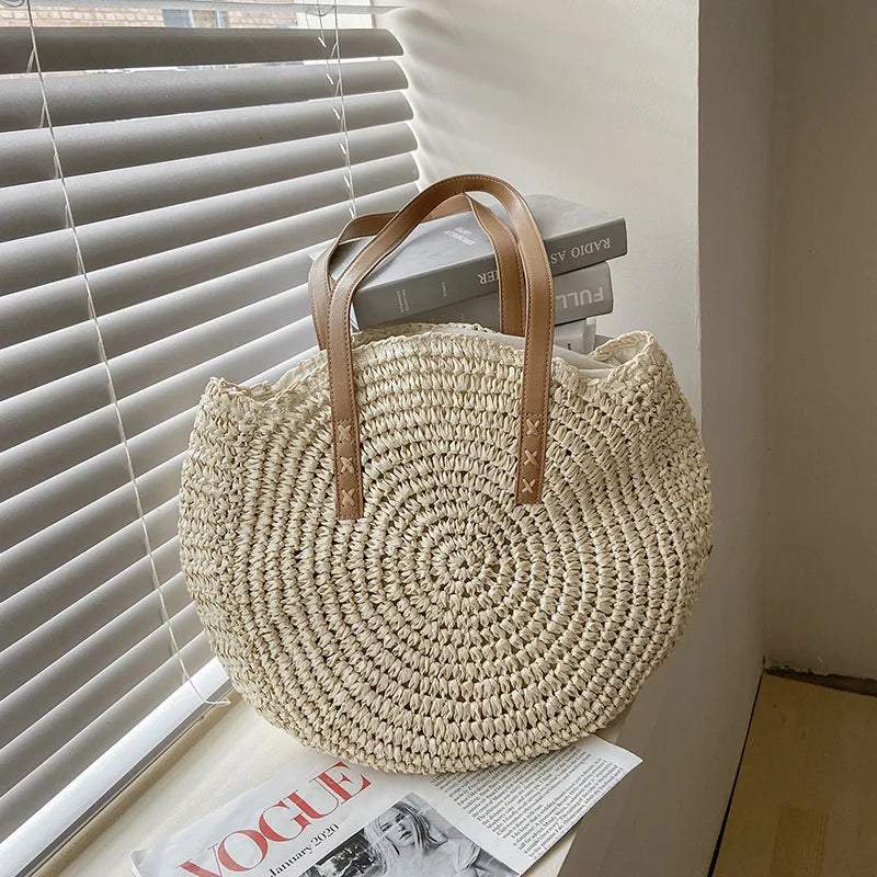 🌸 Fleur de Soleil – Round Woven Straw Shoulder & Tote Bag