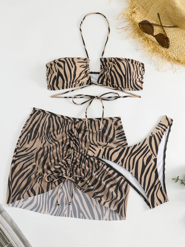 💎 Wild Heat 3-Piece Bikini Set – Leopard Print Halter Bikini & Mesh Mini Skirt 🔥
