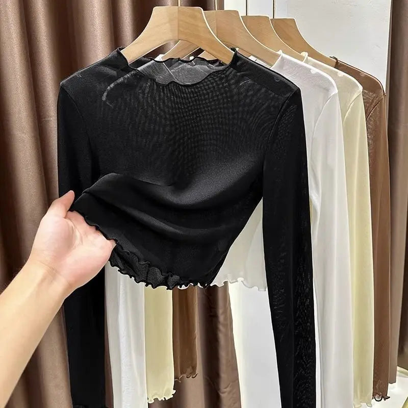 🌫️ Voile Lumi | Sheer Lace-Texture Long Sleeve Slim Crop Top 💎