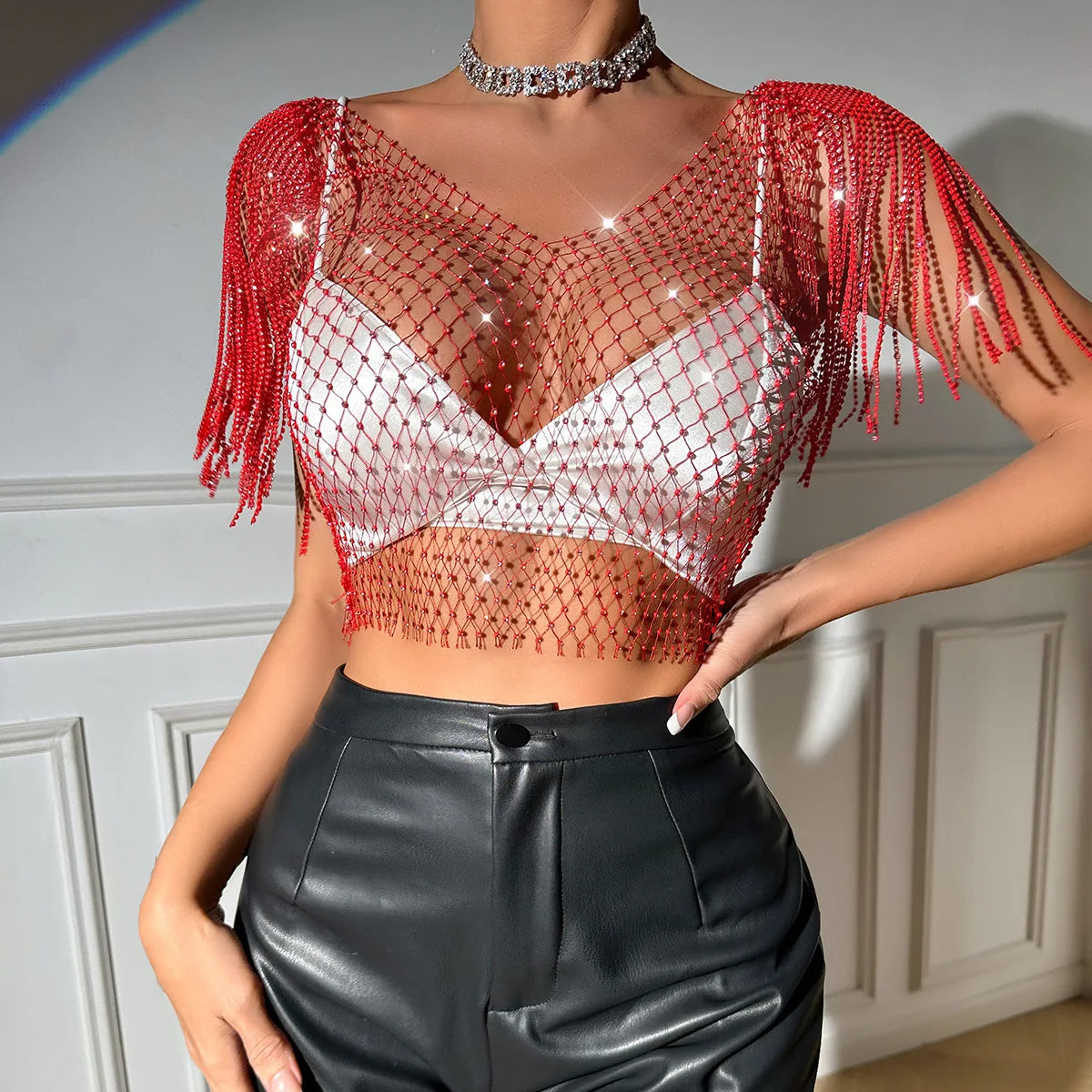 💎🔥 Crystal Dreams Crop – Rhinestone & Fringe Statement Top 🔥💎