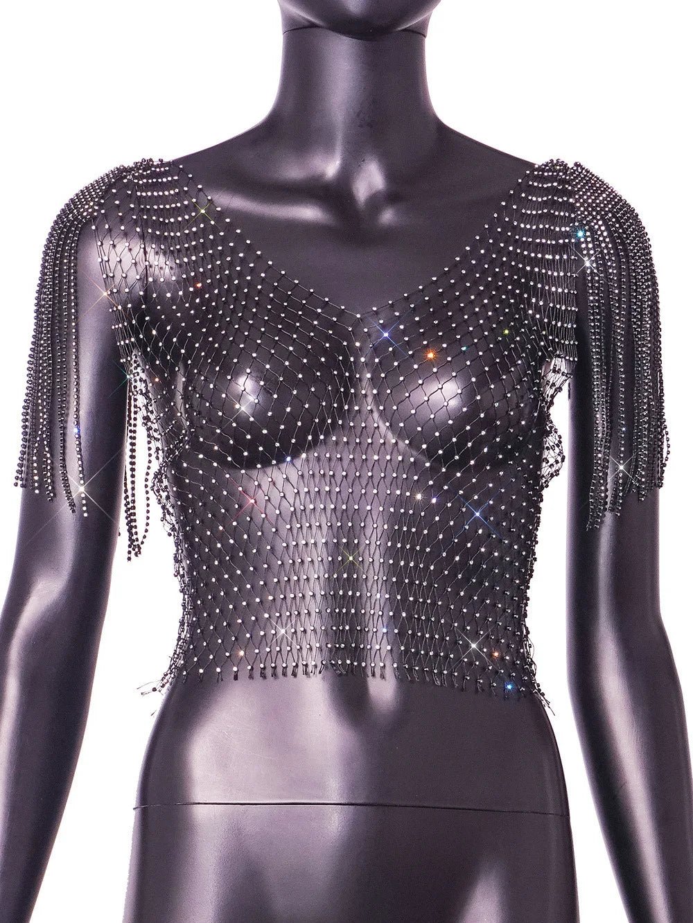 💎🔥 Crystal Dreams Crop – Rhinestone & Fringe Statement Top 🔥💎