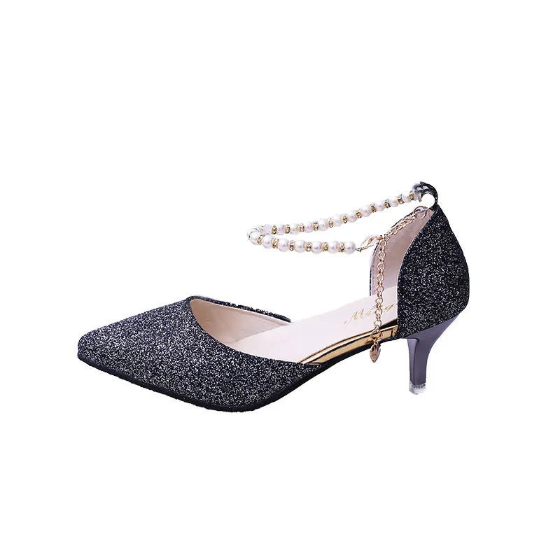 💛 Golden Glam – Pearl-Embellished Gold Glitter Heels ✨👠