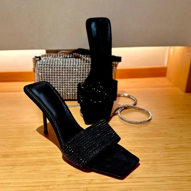 👠✨ Velvet Queen – Black Velvet Rhinestone Stiletto Heels 💎🖤