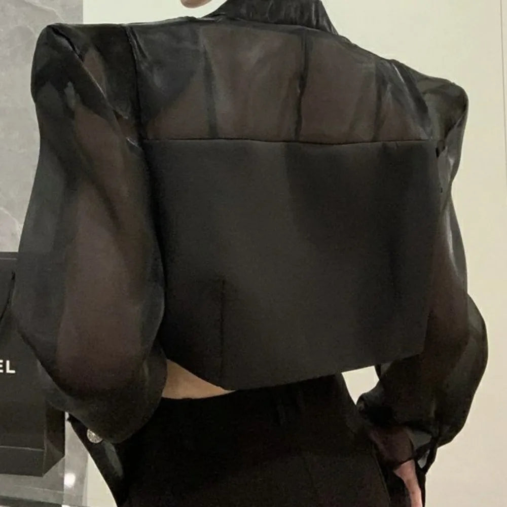 👑 Nocturne Vibe | Mesh Detail Semi-Transparent Fashion Blazer 🖤