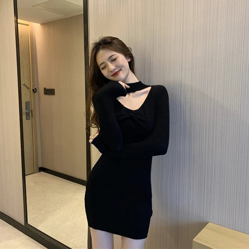 🍂 Soft Curve | V-Neck Long Sleeve Slim Fit Knit Mini Dress 💎