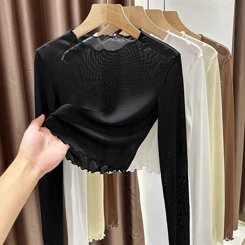 🌫️ Voile Lumi | Sheer Lace-Texture Long Sleeve Slim Crop Top 💎