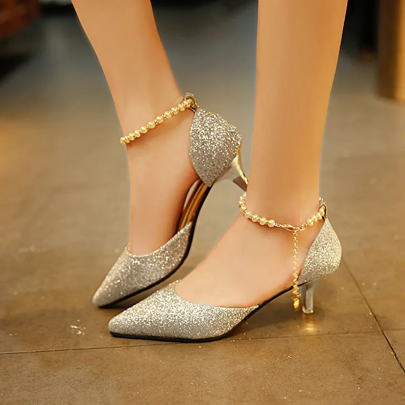 💛 Golden Glam – Pearl-Embellished Gold Glitter Heels ✨👠