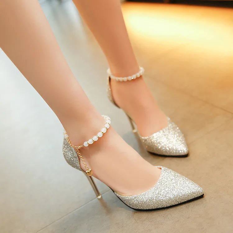 💛 Golden Glam – Pearl-Embellished Gold Glitter Heels ✨👠