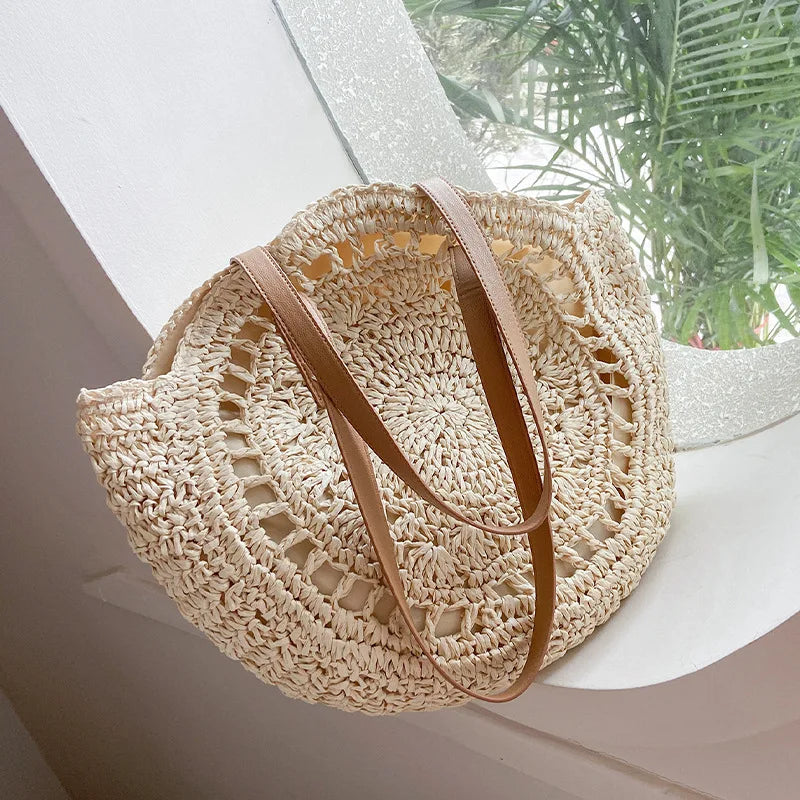 🌸 Fleur de Soleil – Round Woven Straw Shoulder & Tote Bag