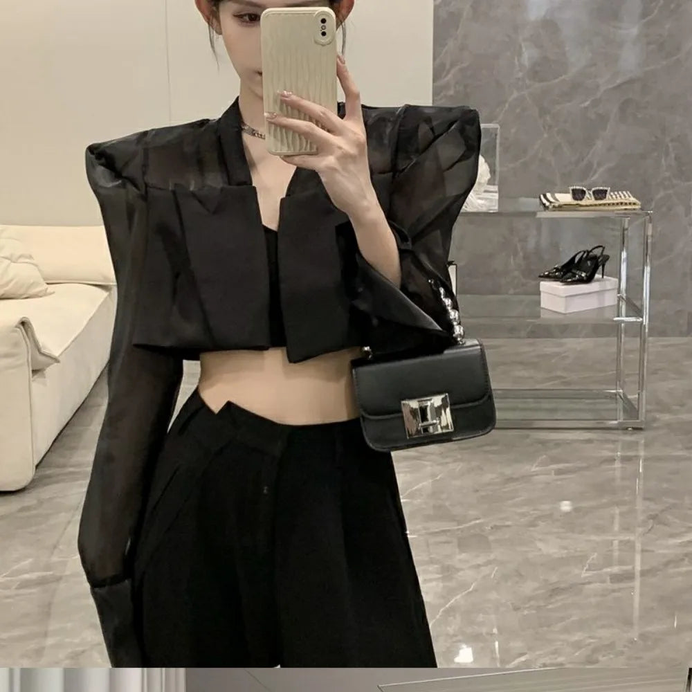 👑 Nocturne Vibe | Mesh Detail Semi-Transparent Fashion Blazer 🖤