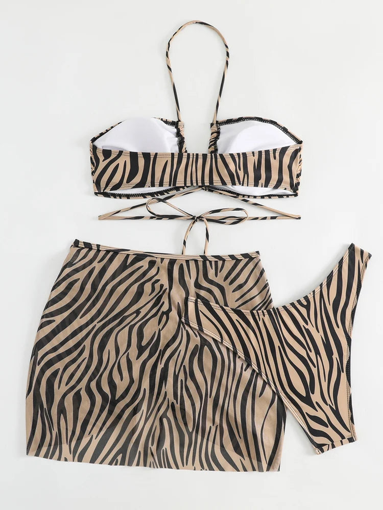 💎 Wild Heat 3-Piece Bikini Set – Leopard Print Halter Bikini & Mesh Mini Skirt 🔥