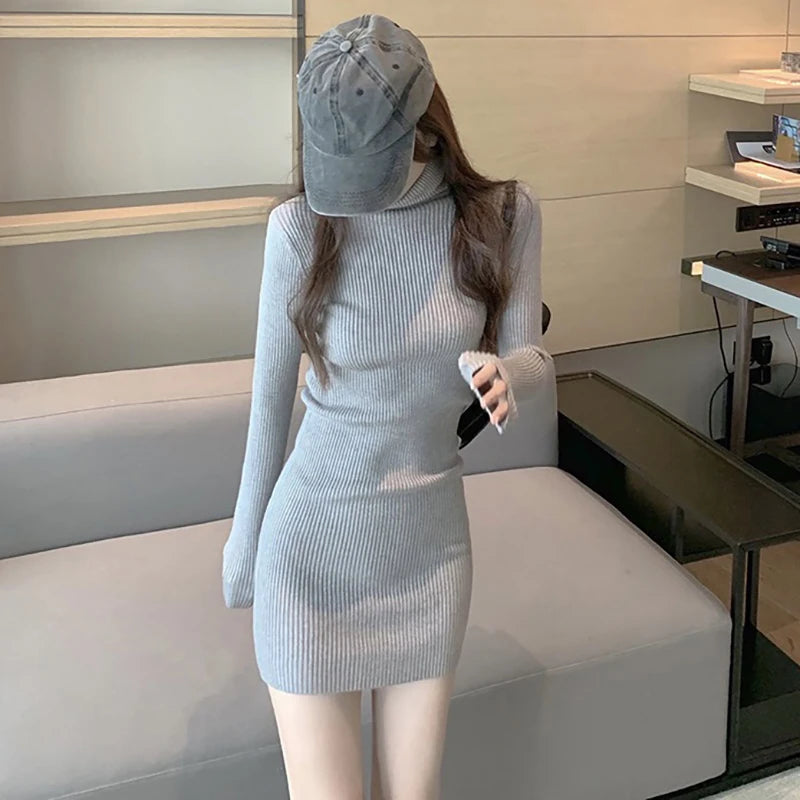 🍂 Soft Curve | V-Neck Long Sleeve Slim Fit Knit Mini Dress 💎