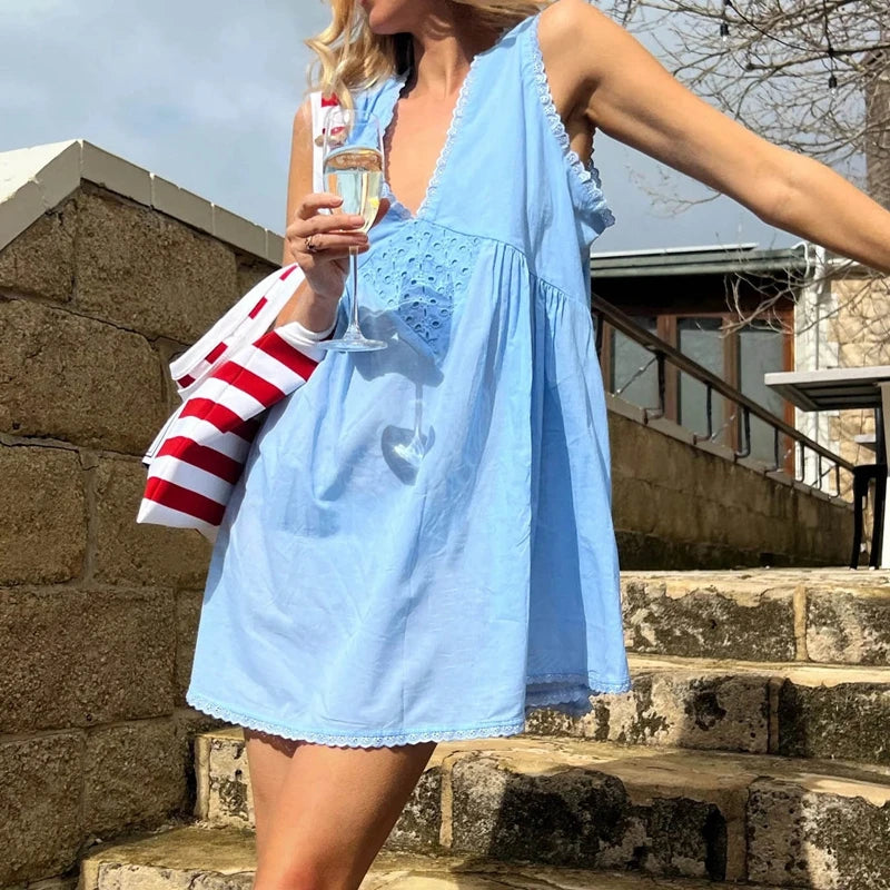 🍭 Cotton Whispers | Lace V-Neck A-Line Vintage Mini Dress 🌸