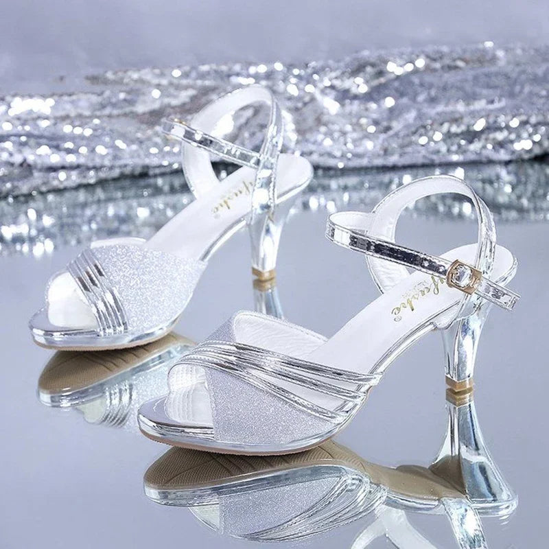✨ Silver Grace – Shimmering Silver Open-Toe Heels 👠🌙