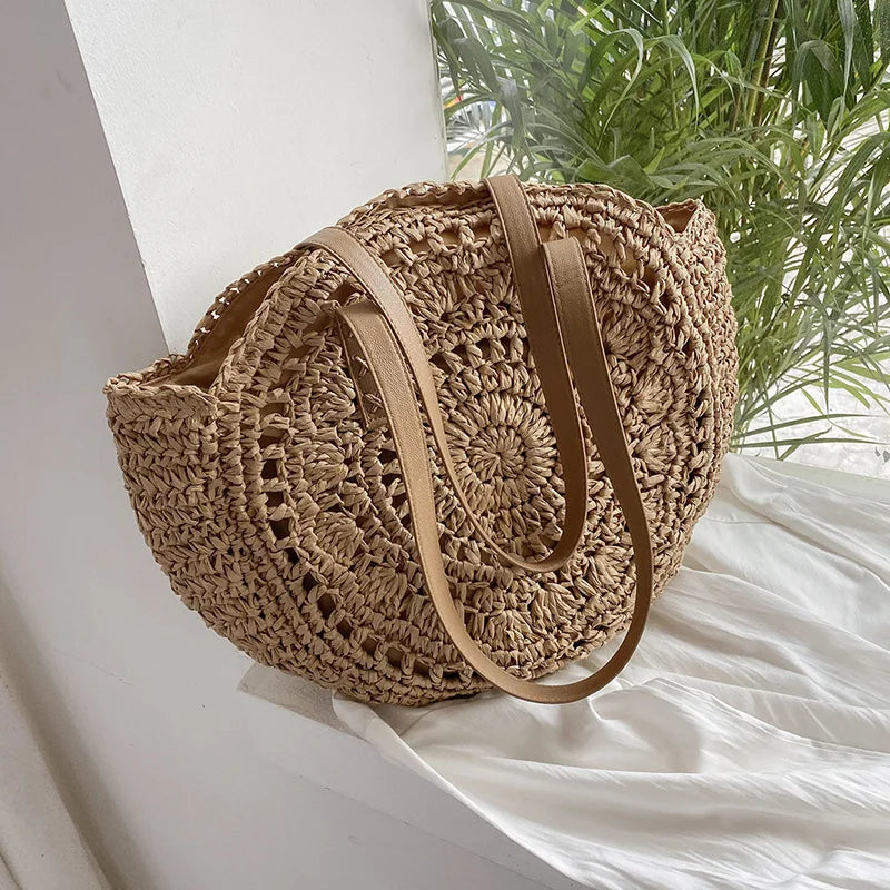 🌸 Fleur de Soleil – Round Woven Straw Shoulder & Tote Bag
