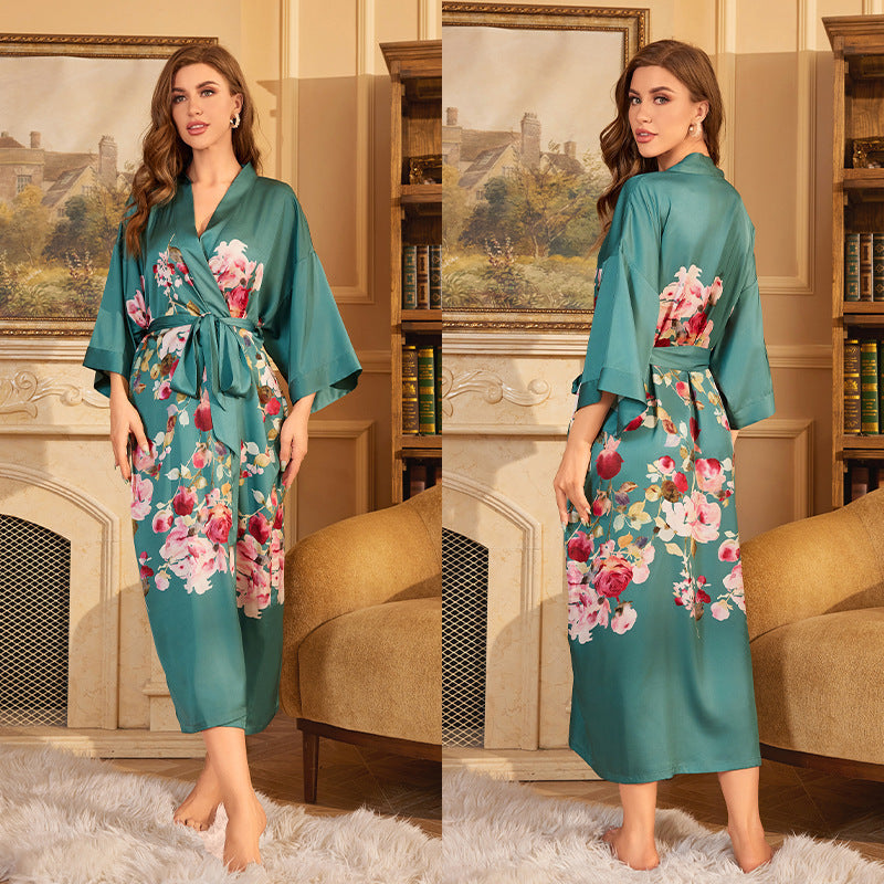 Elegant Printed Satin Maxi Kimono Robe | Luxurious Night Gown Feminé Luxé